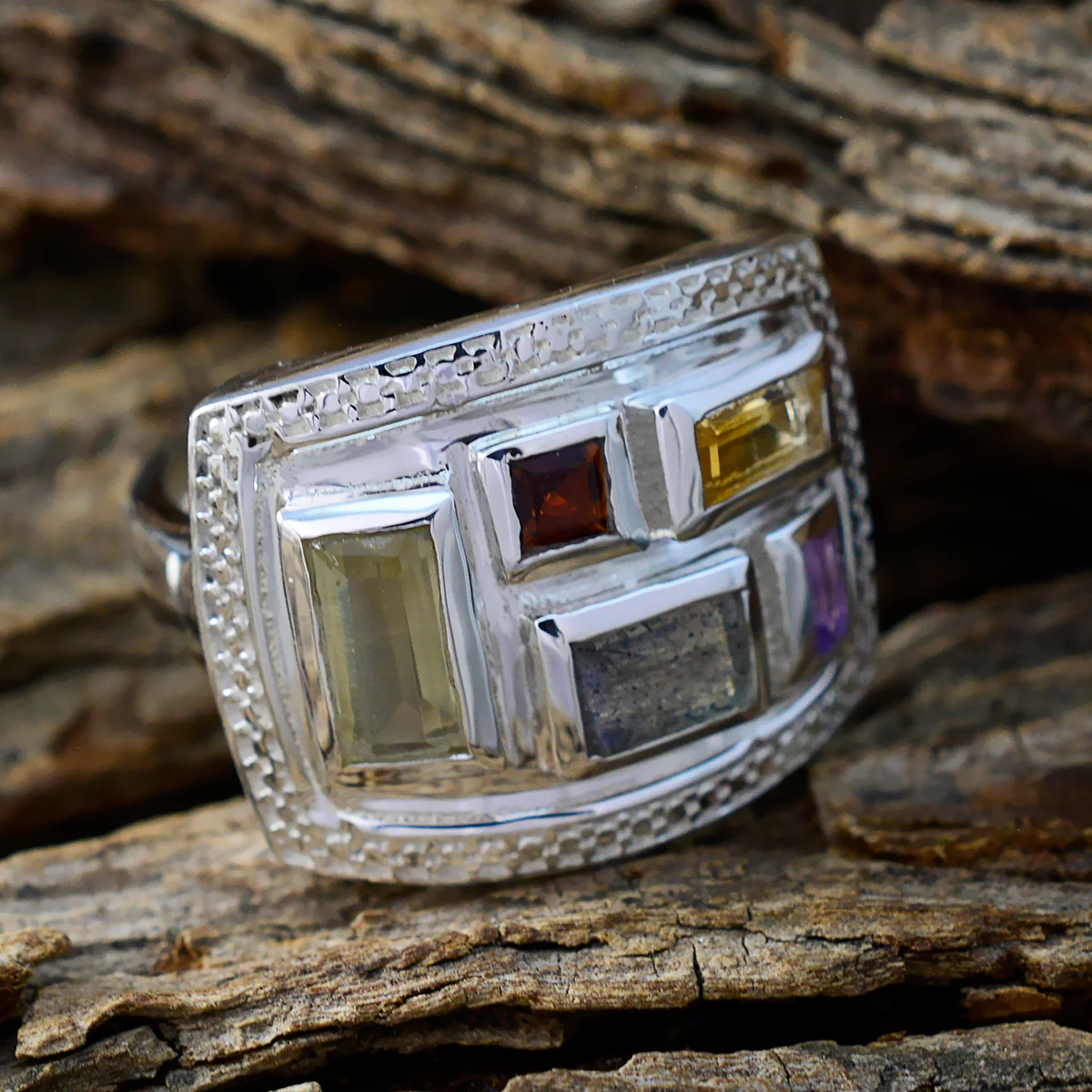 Multi Stone penta French Silver multicolor Gemstones Versatile Cocktail Ring Jewelry - Image 3