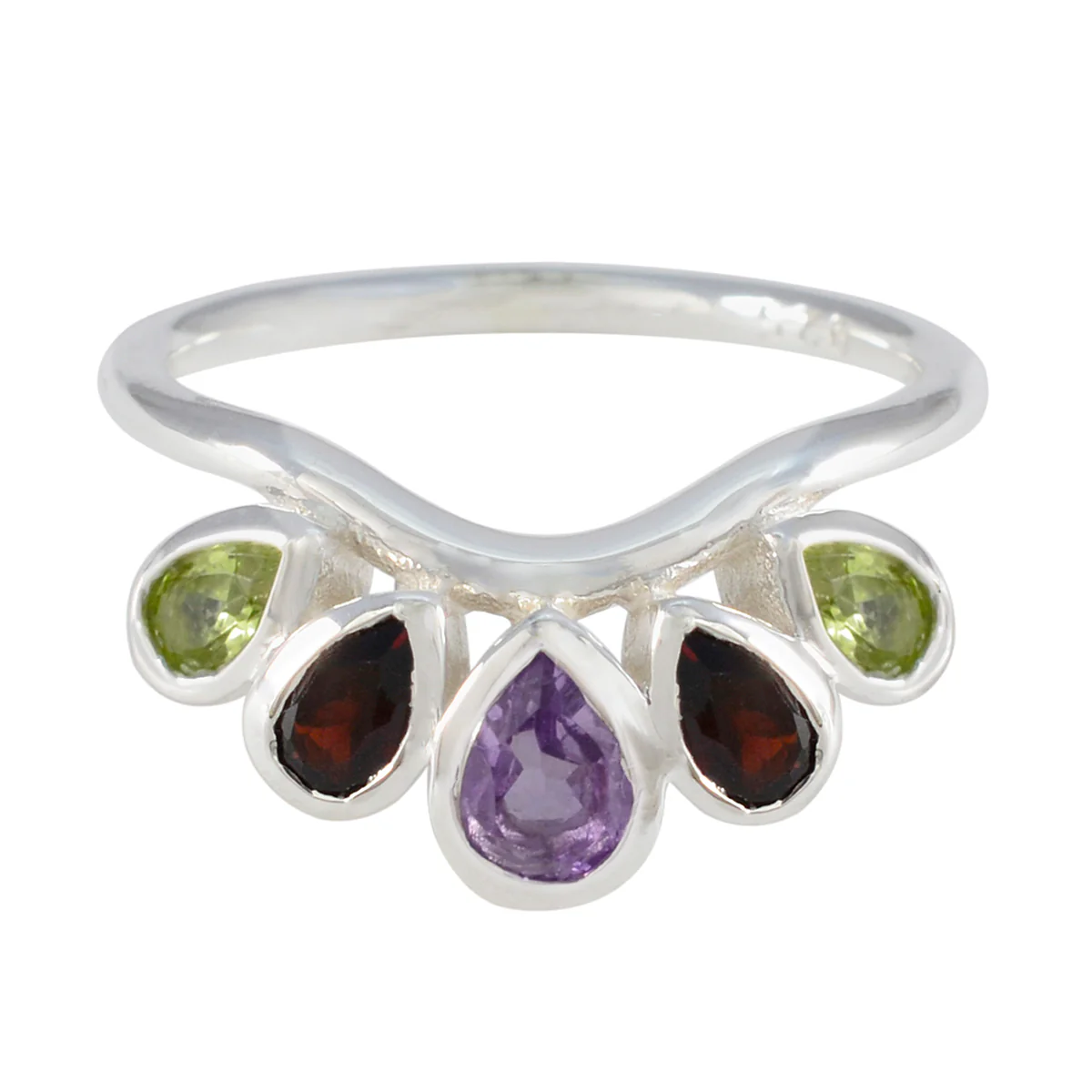 Multi Stone Penta Indian Silver multicolor Gems Slim crown Ring Jewellery - Image 2