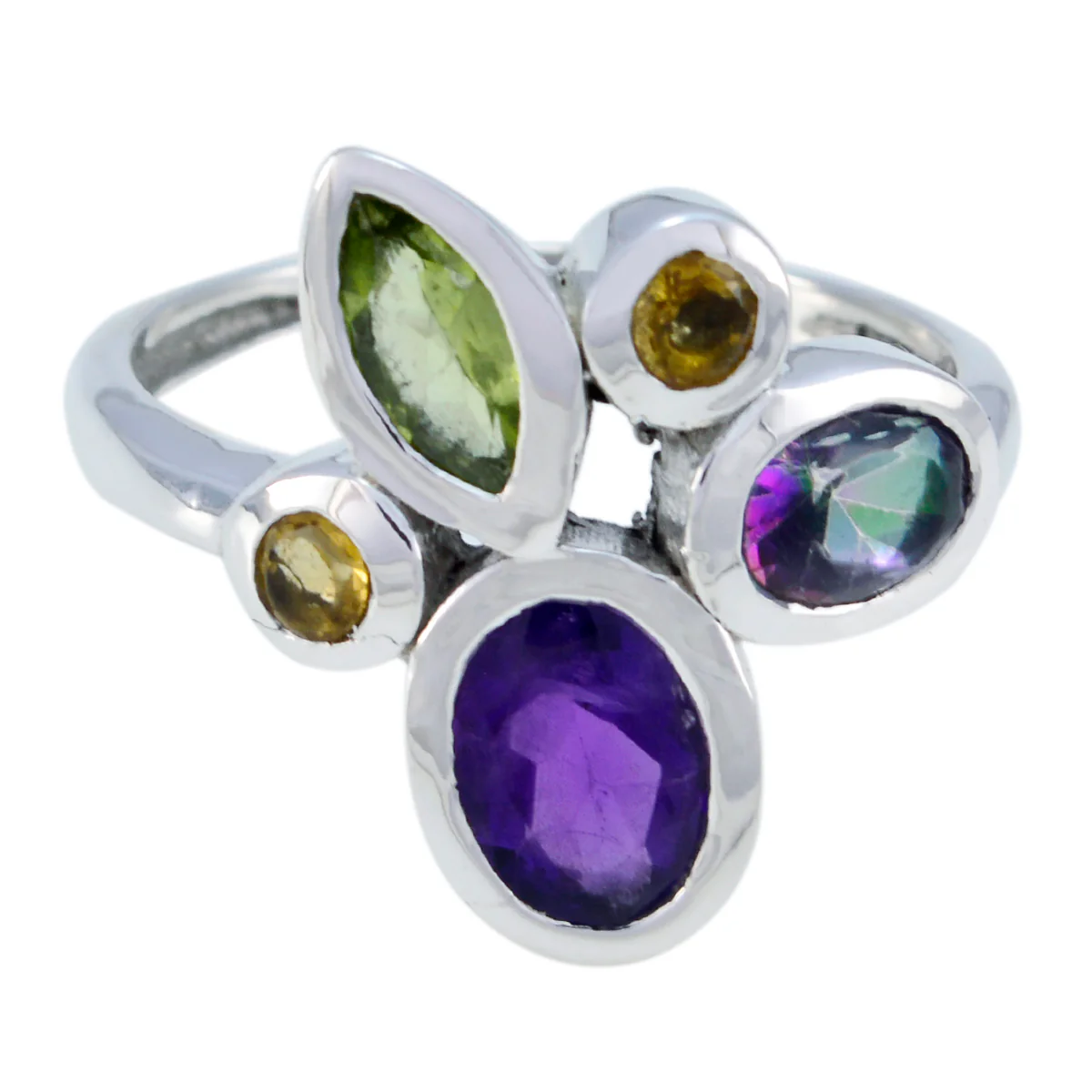 Multi Stone Penta Moroccan Silver multicolor Gems Minimal Cocktail Ring Jewelry - Image 2