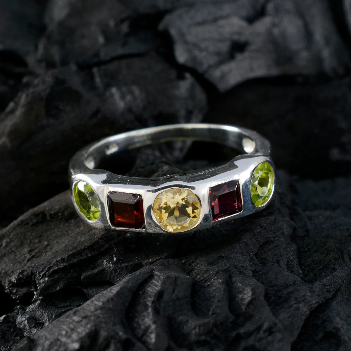 Multi Stone Penta Russian Silver multicolor Gemstone Tiny Abstract Ring Jewelry - Image 4