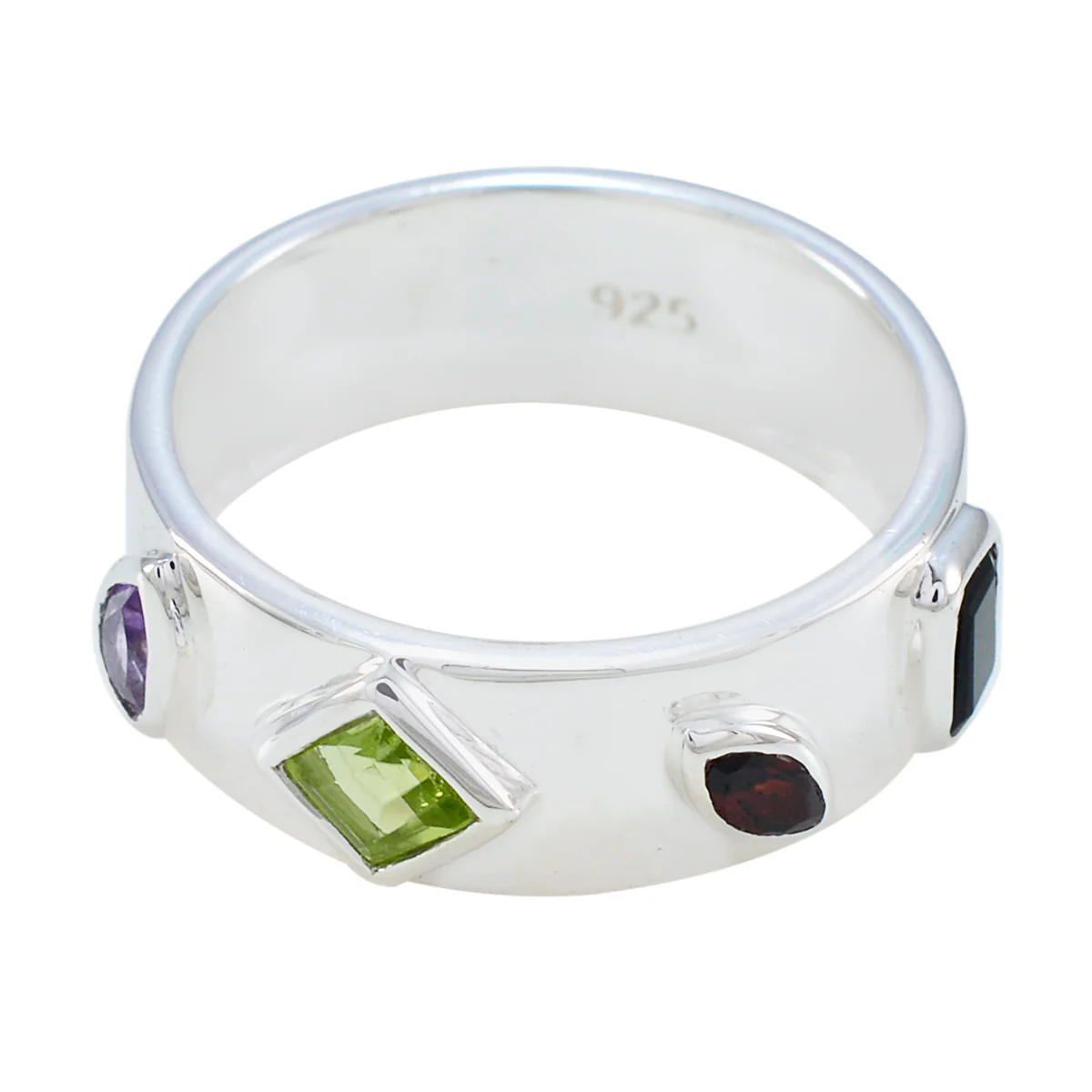 Multi Stone quarter Egyptian Silver multicolor Gemstones Minimal Abstract Band Jewellery