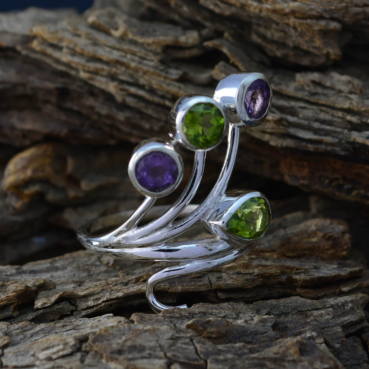 Multi Stone quarter French 925 Silver multicolor Gemstones Classic Contemporary Ring Jewelry - Image 3