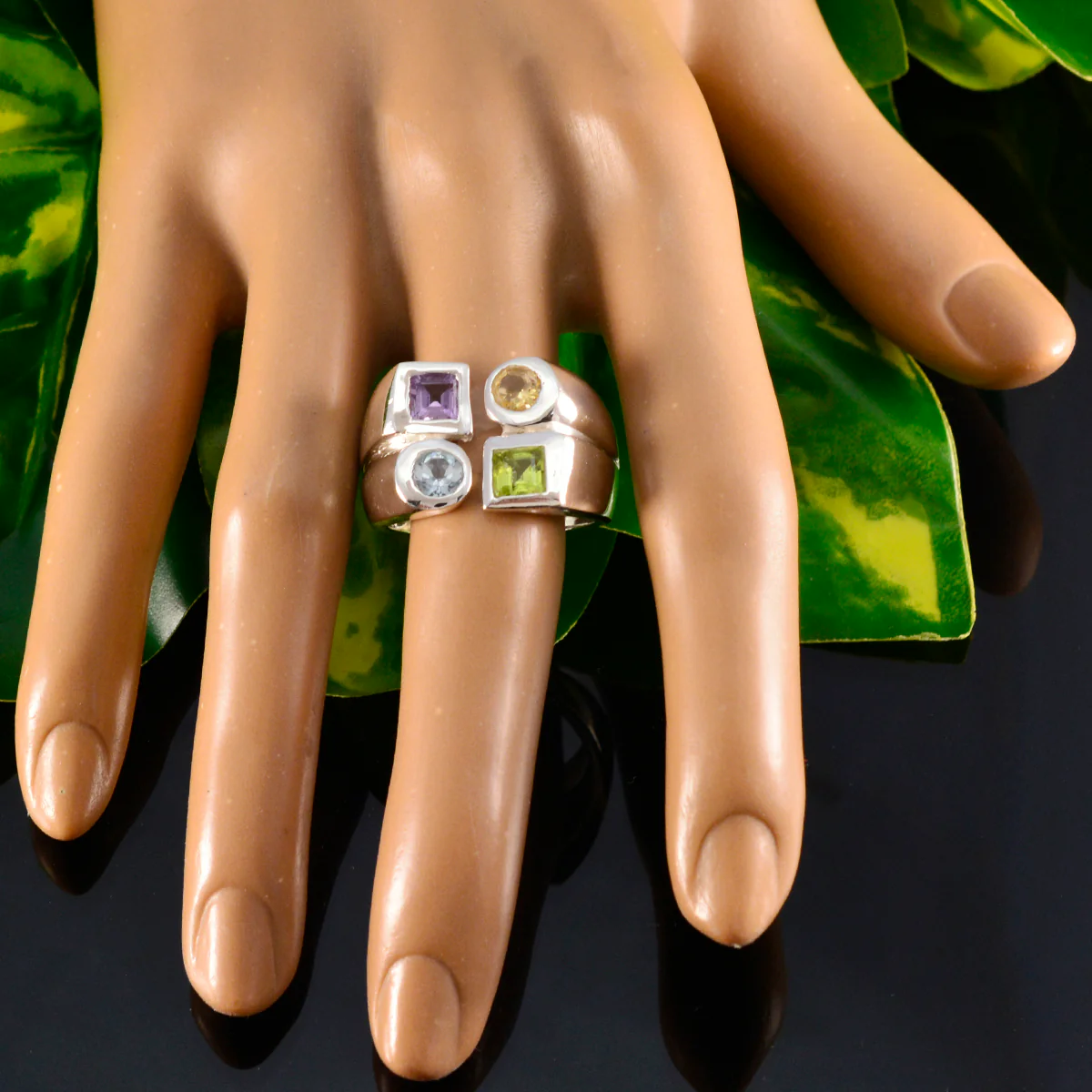 Multi Stone quarter Italian 925 Sterling Silver multicolor Gemstone Chunky Cocktail Ring Jewelry - Image 5