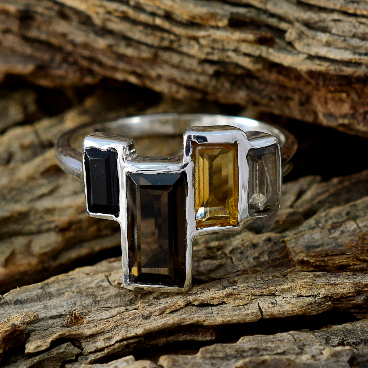 Multi Stone quarter Japanese 92.5 Silver multicolor Gemstone Whisper-thin Cocktail Ring Jewelry - Image 3