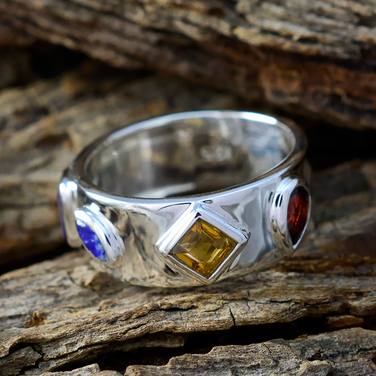 Multi Stone quarter Russian 92.5 Silver multicolor Gems Minimal Abstract Band Jewellery - Image 3