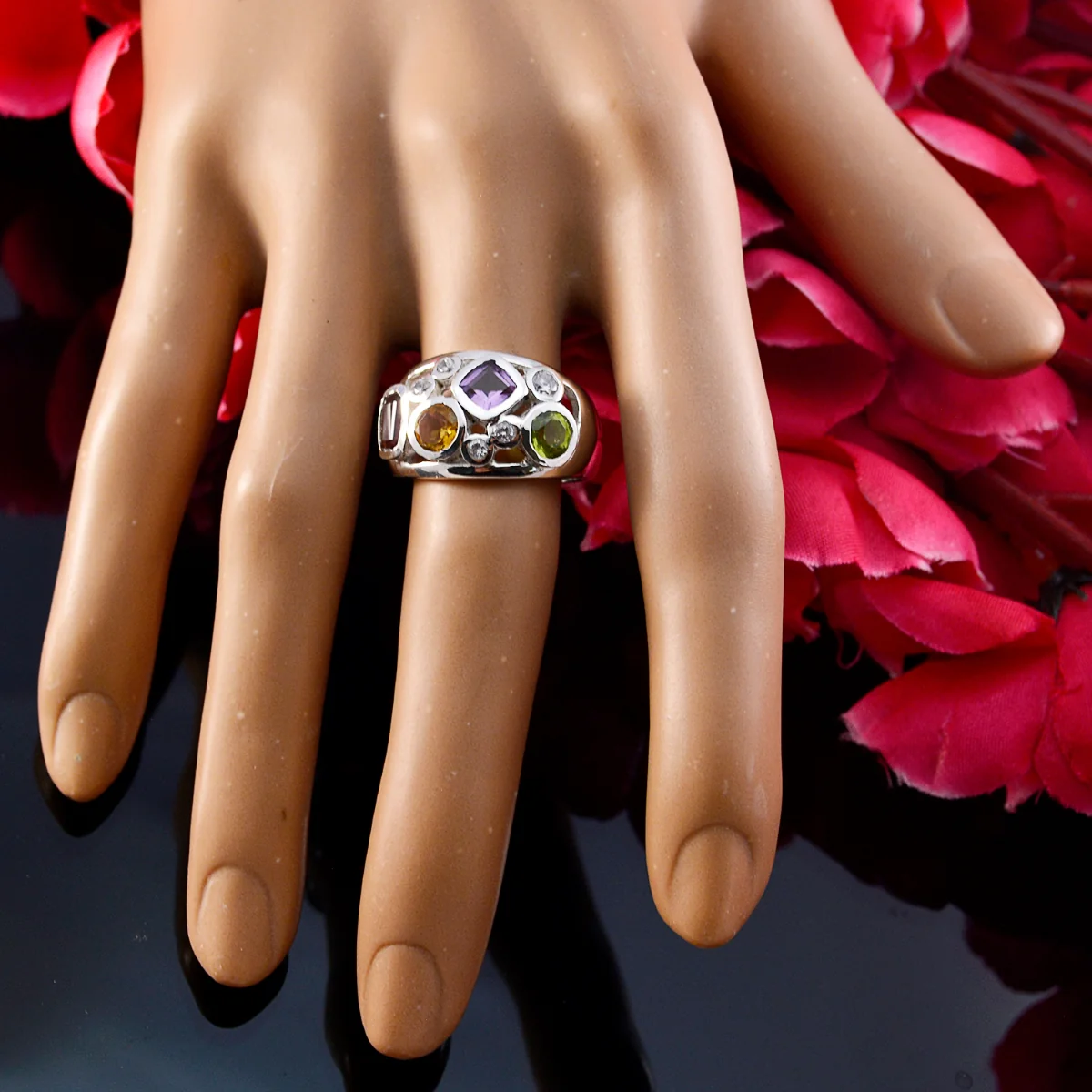 Multi Stone quarter Russian Silver multicolor Gemstones Eye-catching Abstract Ring Jewelry - Image 5