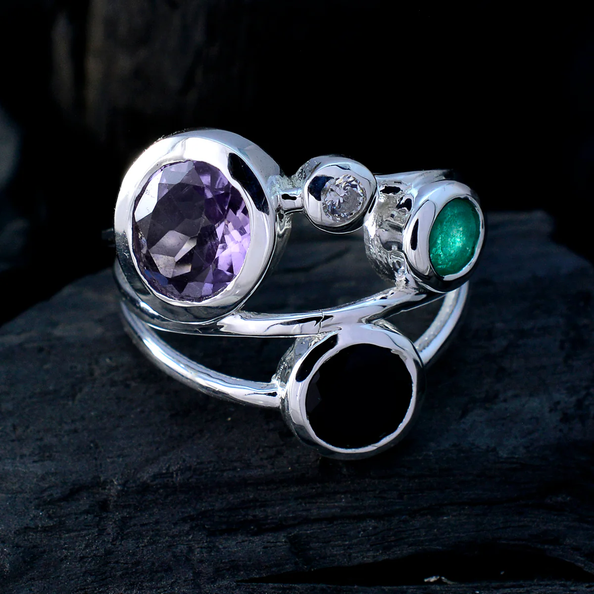 Multi Stone quarter Russian Sterling Silver multicolor Gemstones Minimal Abstract Ring Jewellery - Image 4
