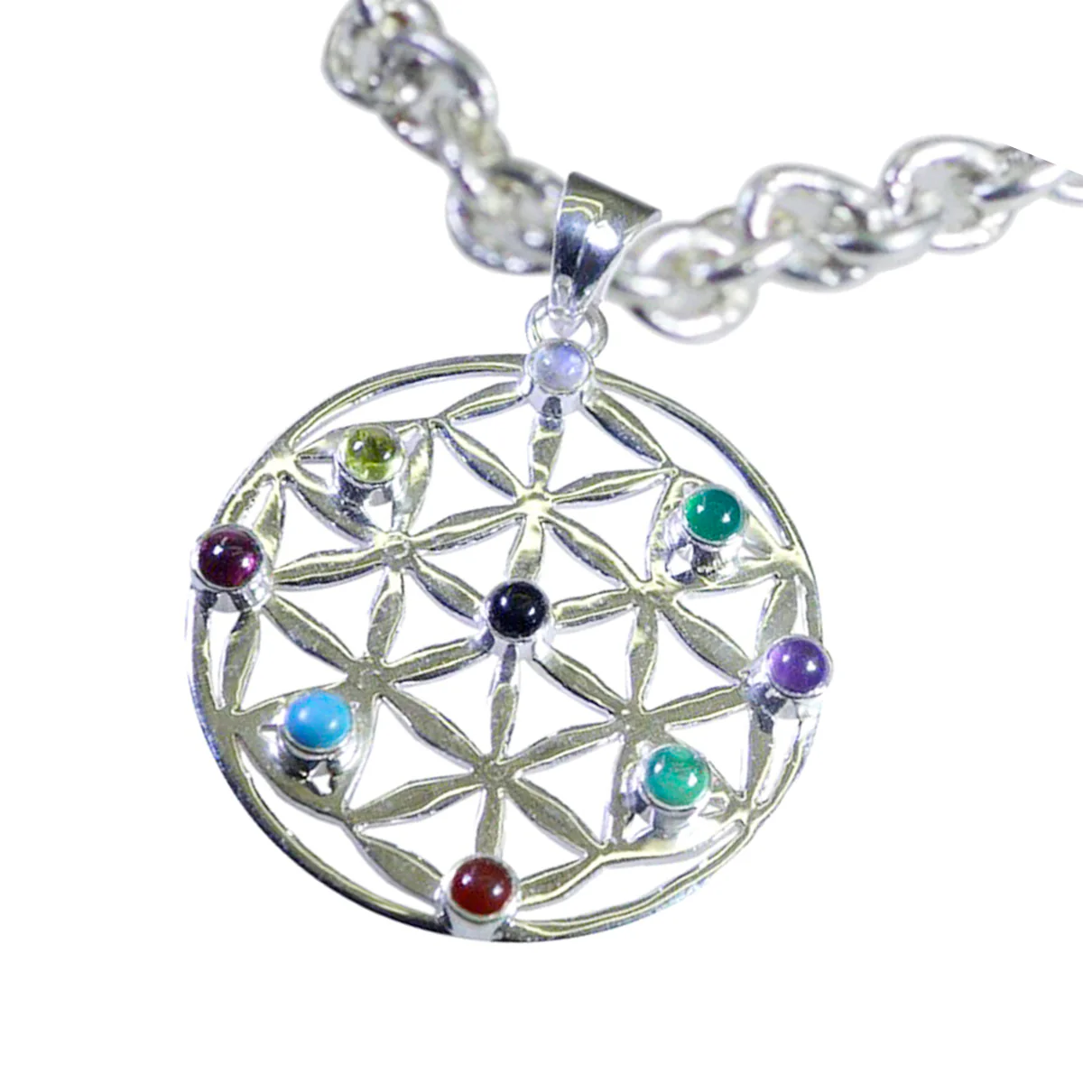 Multi Stone Statement German Sterling Silver Navratna Luna Art-Deco multicolor Pendant Jewellery - Image 3