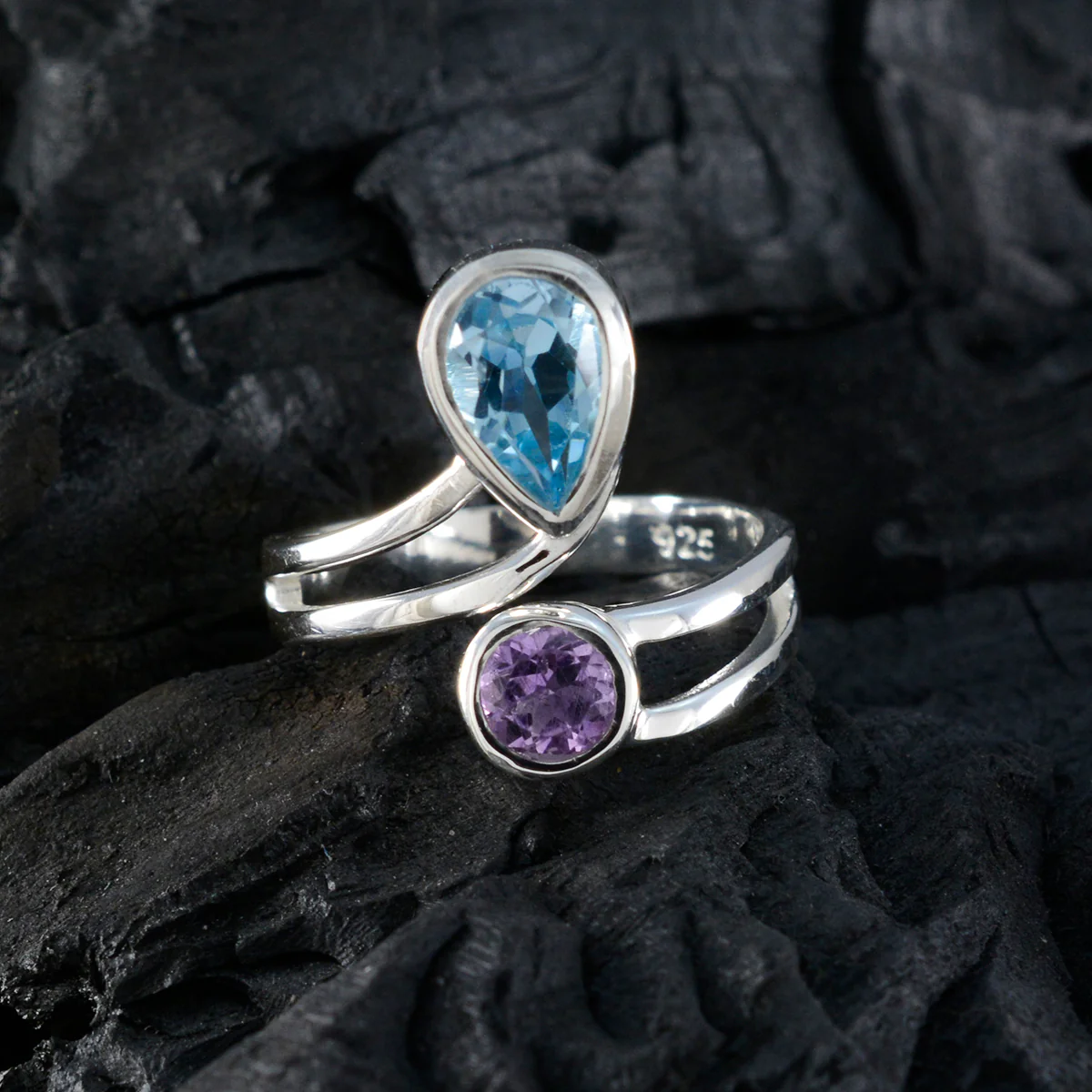 Multi Stone Toi et Moi Egyptian 92.5 Silver multicolor Gemstones Tiny Contemporary Ring Jewelry - Image 4