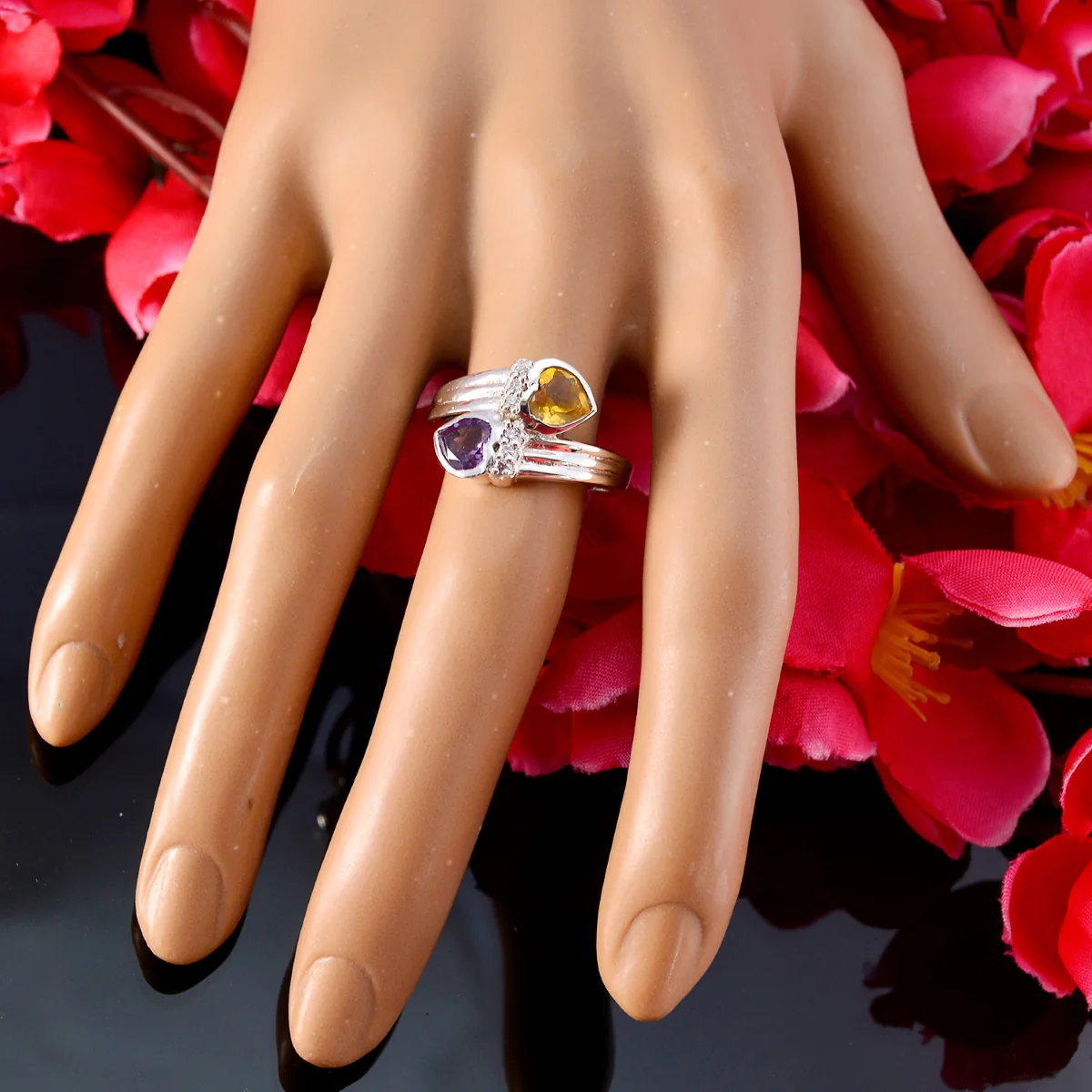 Multi Stone Toi et Moi French Sterling Silver multicolor Gemstone Minimal Heart Ring Jewelry - Image 5