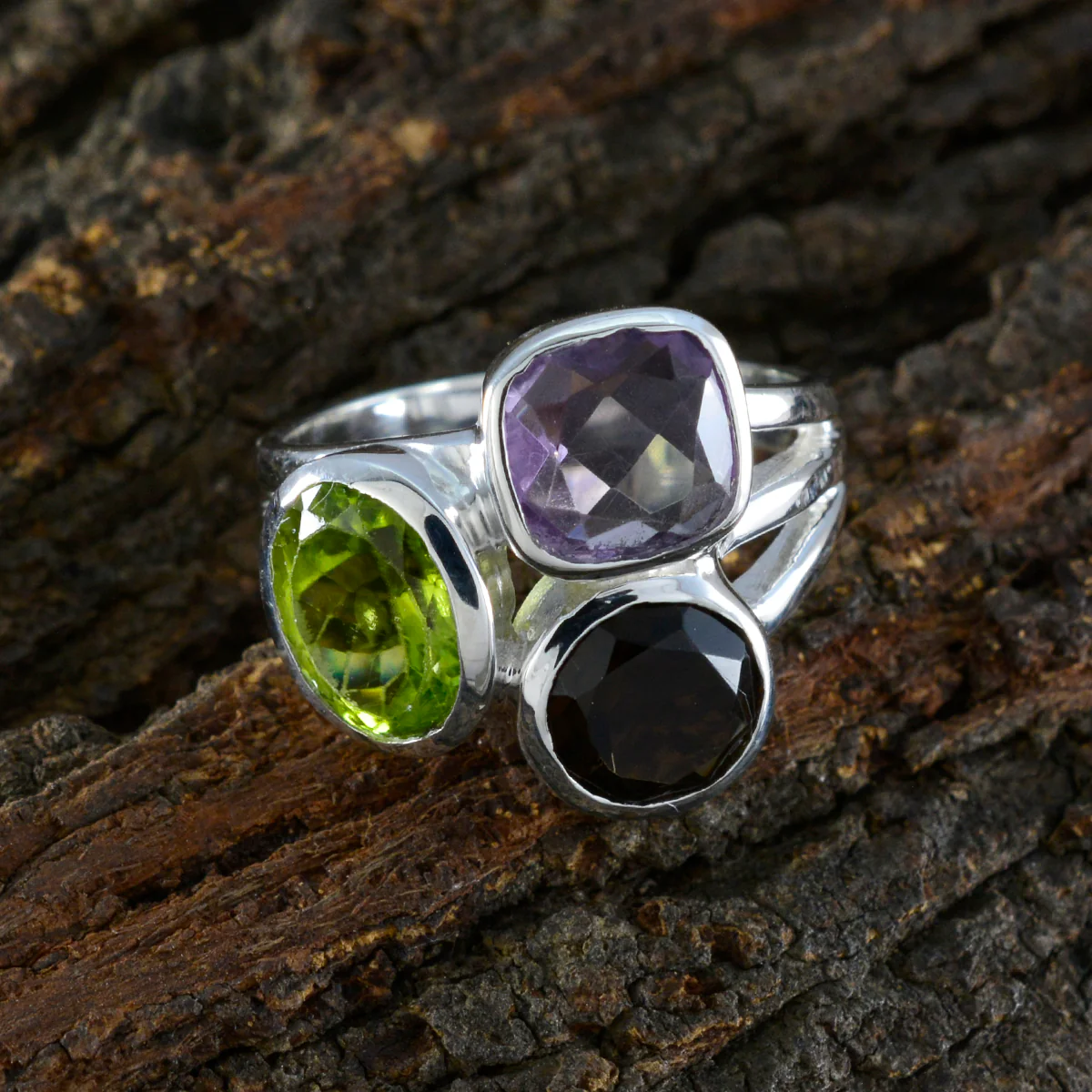 Multi Stone Trilogy African 925 Sterling Silver multicolor Gemstone Eye-catching Cocktail Ring Jewelry - Image 3