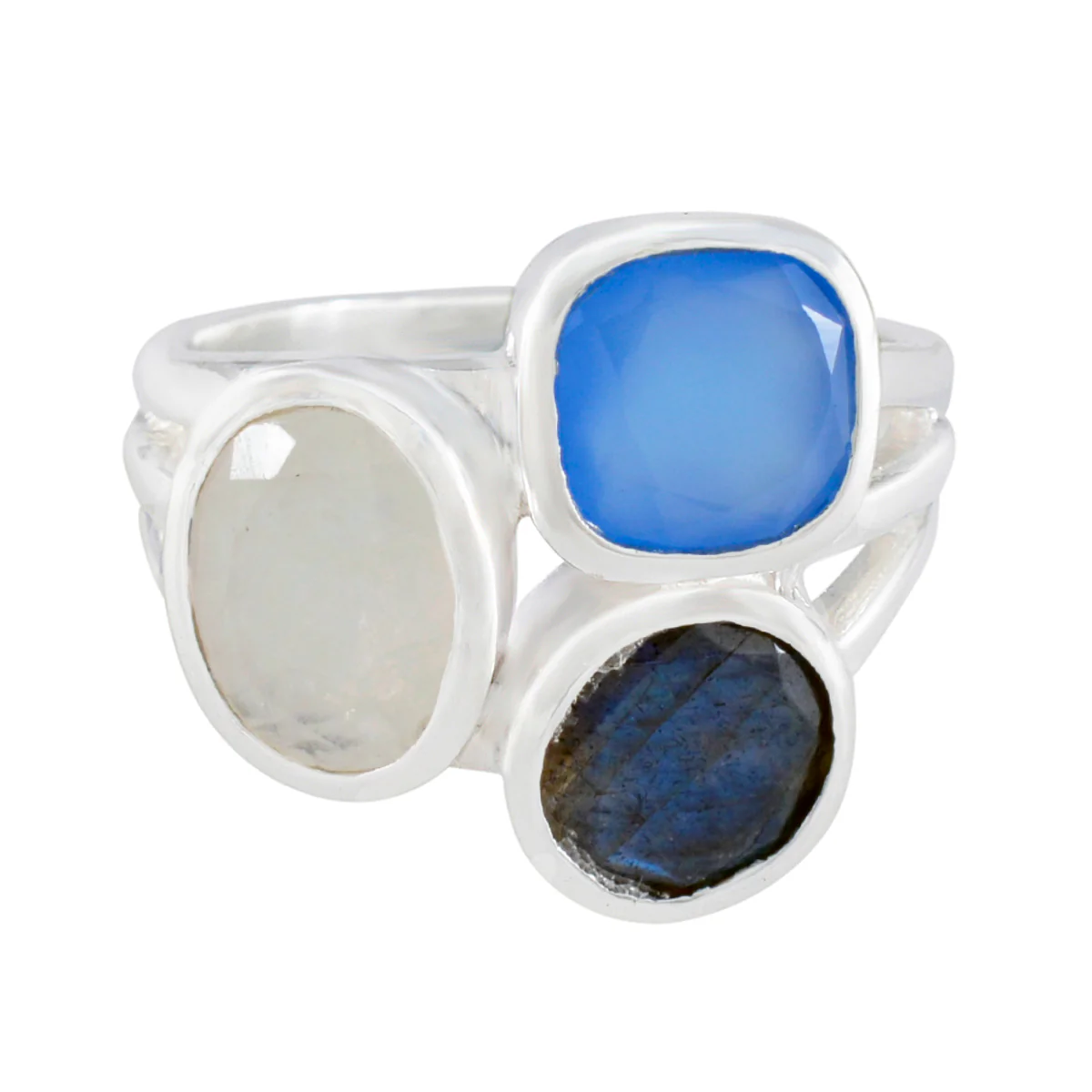 Multi Stone Trilogy Egyptian Silver multicolor Gems Eye-catching Cocktail Ring Jewelry