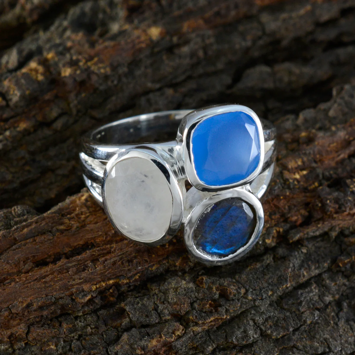 Multi Stone Trilogy Egyptian Silver multicolor Gems Eye-catching Cocktail Ring Jewelry - Image 3