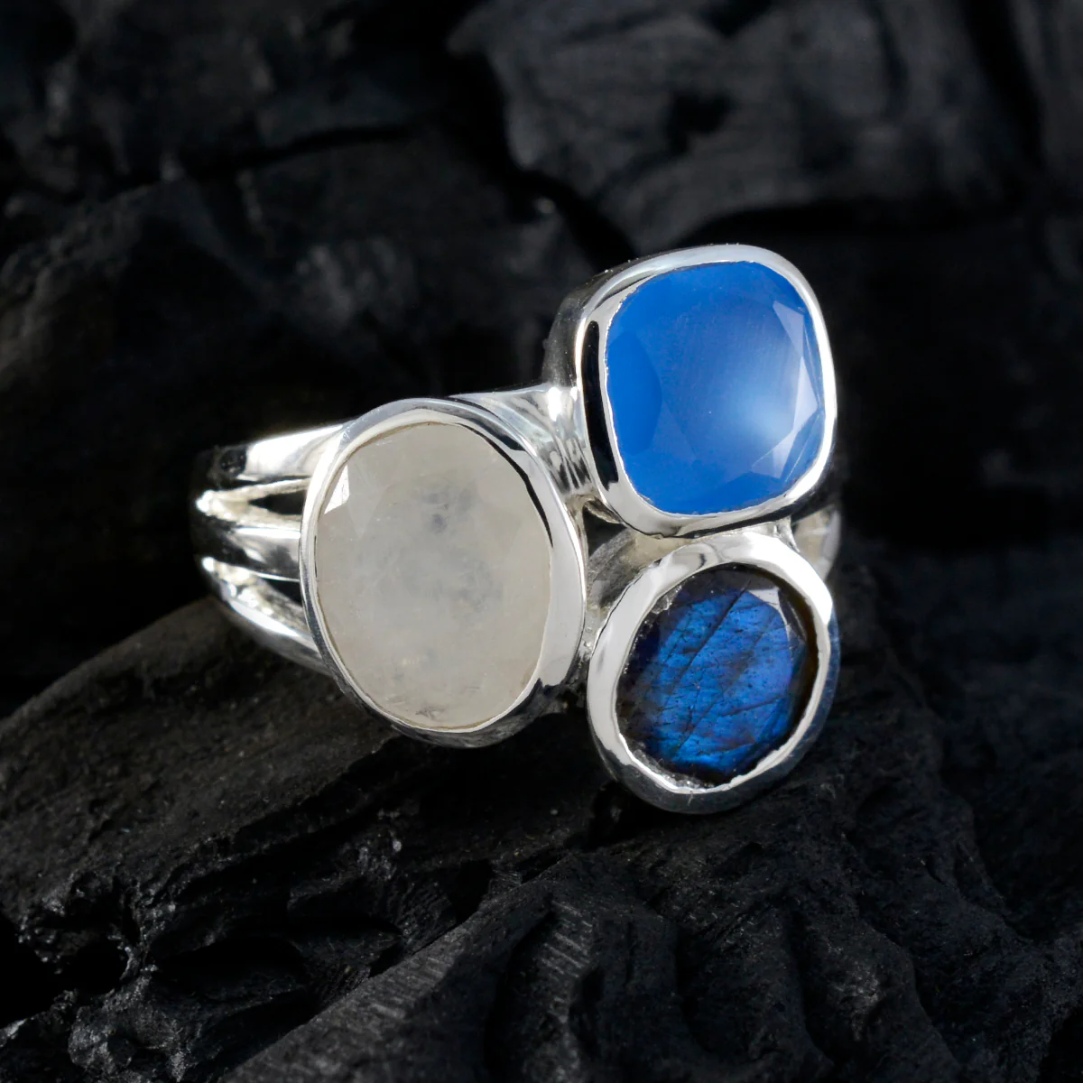 Multi Stone Trilogy Egyptian Silver multicolor Gems Eye-catching Cocktail Ring Jewelry - Image 4