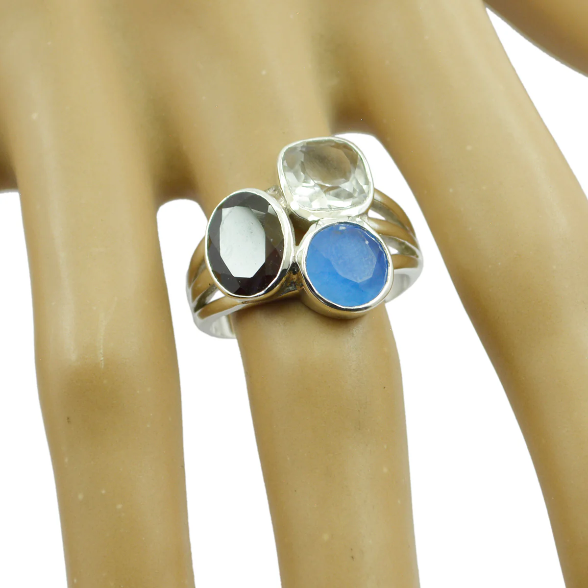 Multi Stone Trilogy Egyptian Silver multicolor Gems Mid-weight Cocktail Ring Jewellery - Image 2