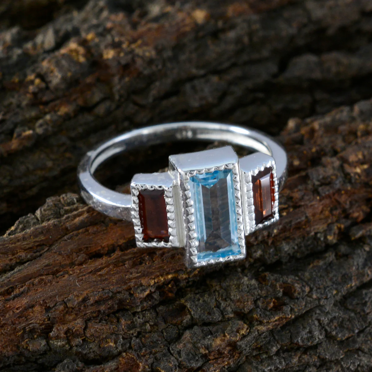 Multi Stone Trilogy Egyptian Sterling Silver multicolor Gems Featherlight Trendy Ring Jewelry - Image 3