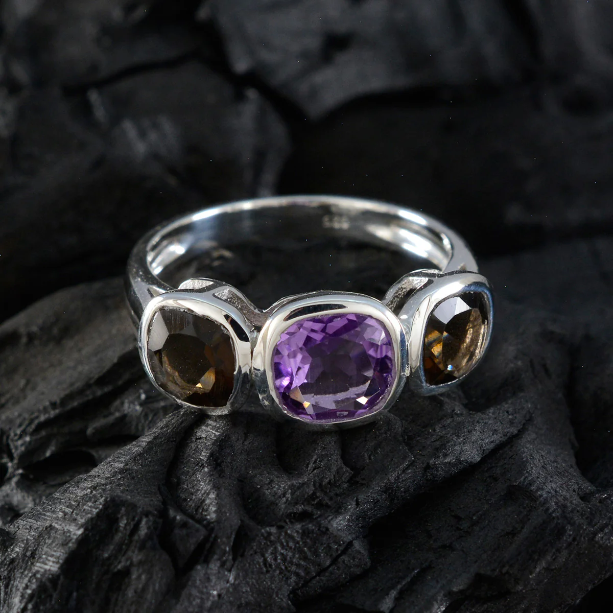 Multi Stone Trilogy Egyptian Sterling Silver multicolor Gems Slim Glamorous Ring Jewellery - Image 4
