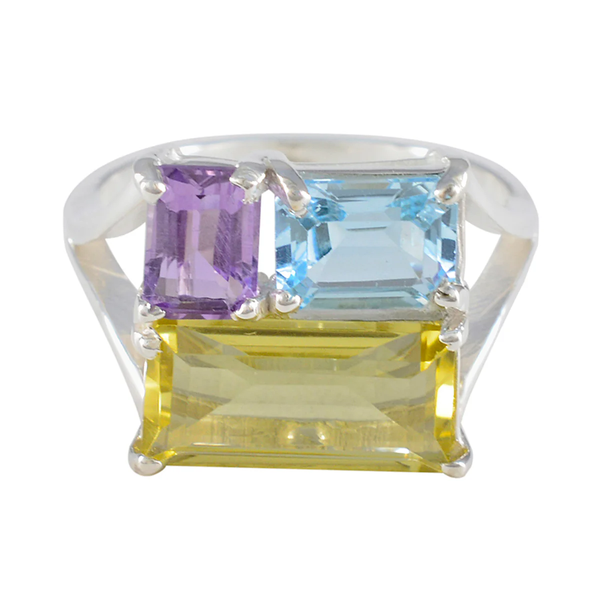 Multi Stone Trilogy Egyptian Sterling Silver multicolor Gemstones Classic Trendy Ring Jewelry