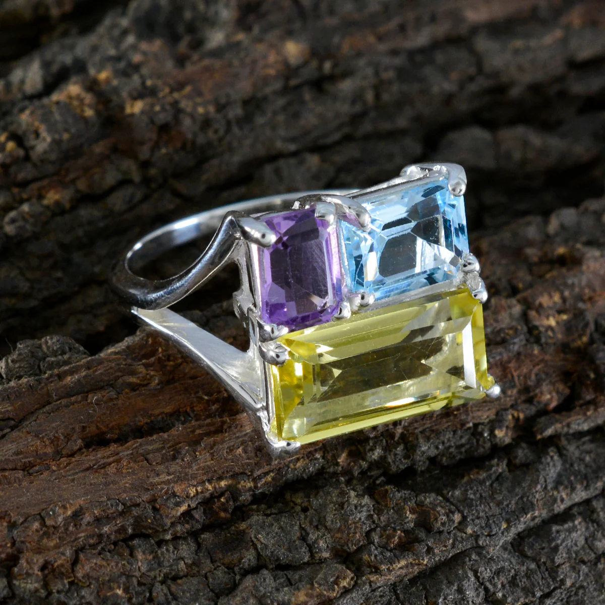 Multi Stone Trilogy Egyptian Sterling Silver multicolor Gemstones Classic Trendy Ring Jewelry - Image 3