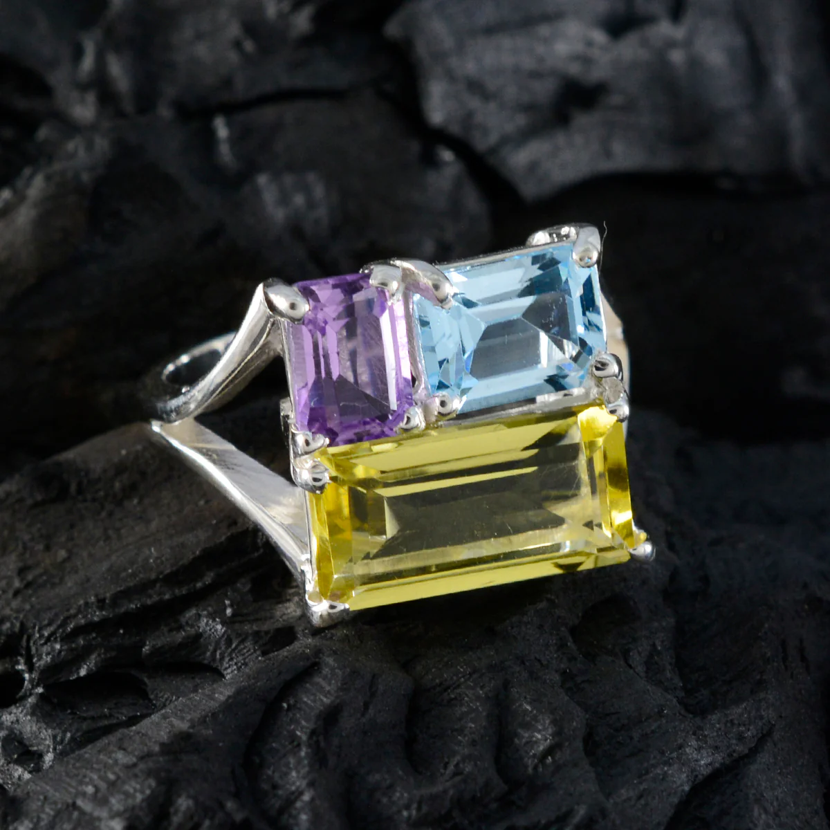 Multi Stone Trilogy Egyptian Sterling Silver multicolor Gemstones Classic Trendy Ring Jewelry - Image 4