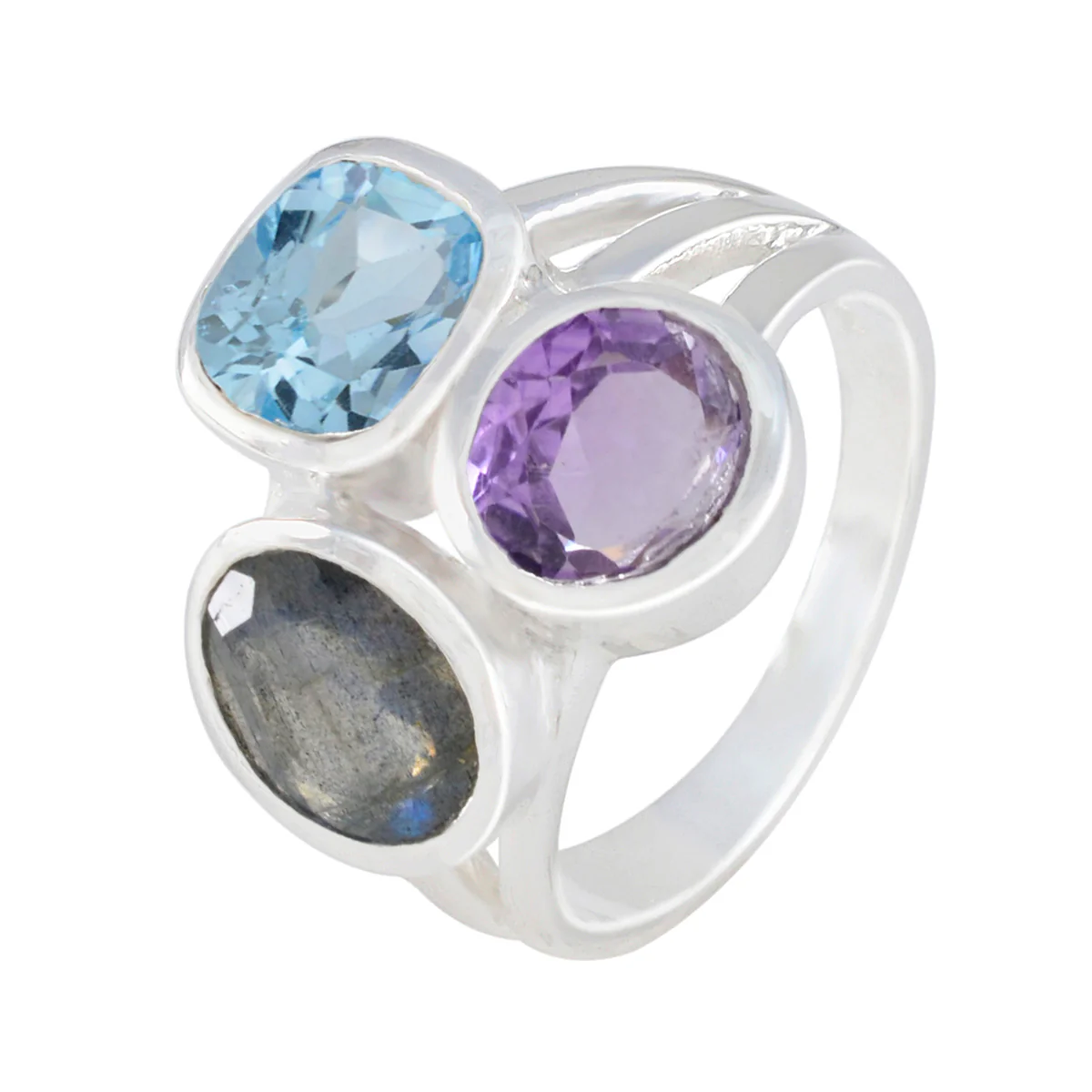 Multi Stone Trilogy French 92.5 Silver multicolor Gemstones Eye-catching Cocktail Ring Jewelry - Image 2