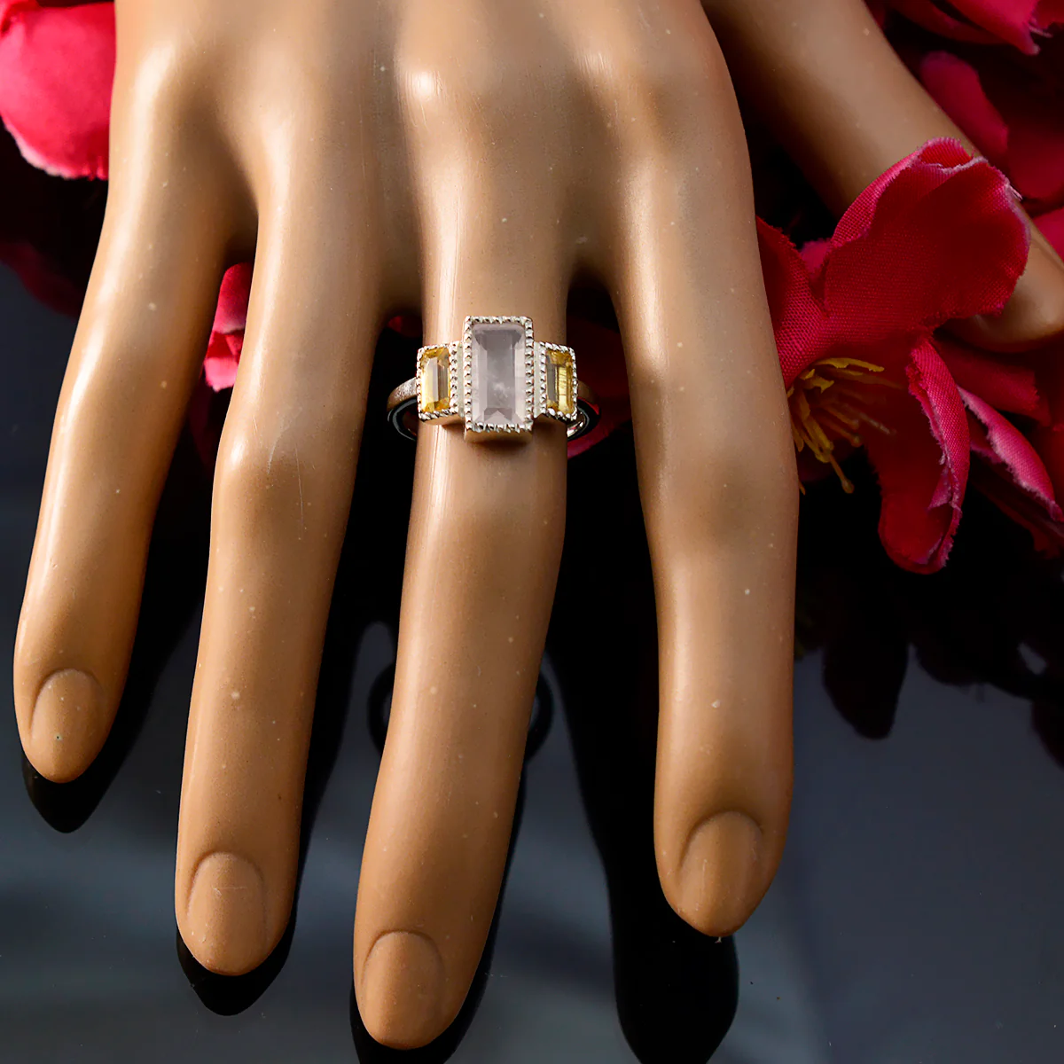 Multi Stone Trilogy French Silver multicolor Gems Featherlight Luxurious Ring Jewelry - Image 5