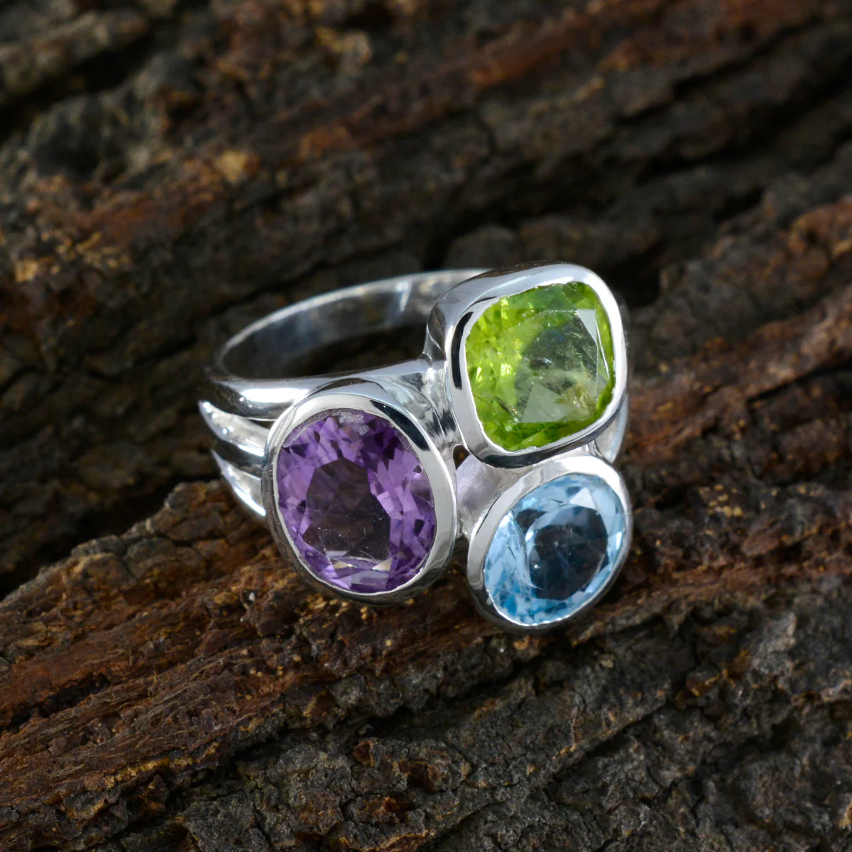 Multi Stone Trilogy French Sterling Silver multicolor Gemstone Eye-catching Cocktail Ring Jewellery - Image 3