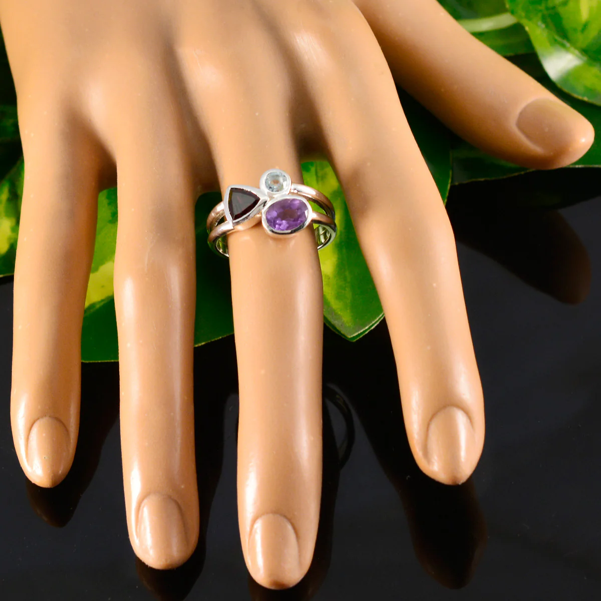 Multi Stone Trilogy German 92.5 Silver multicolor Gems Minimal Artisan Ring Jewelry - Image 5