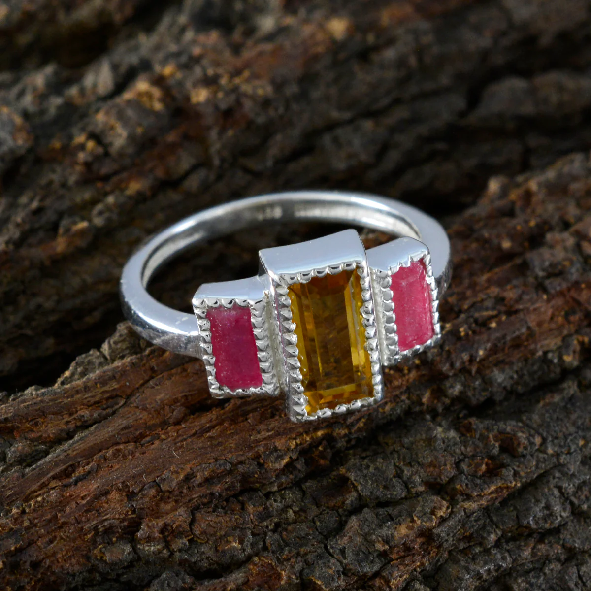 Multi Stone Trilogy German 925 Sterling Silver multicolor Gems Featherlight Boho Ring Jewelry - Image 3