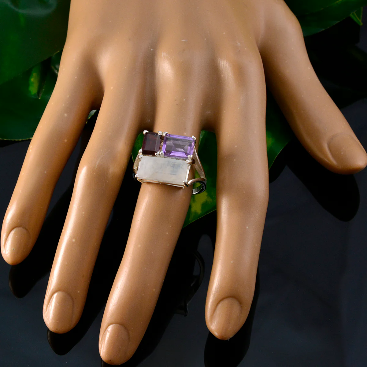 Multi Stone Trilogy German Sterling Silver multicolor Gems Classic Trendy Ring Jewellery - Image 5