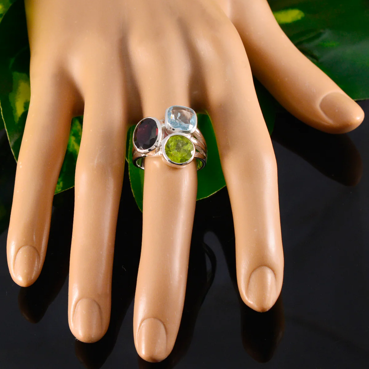 Multi Stone Trilogy German Sterling Silver multicolor Gemstone Eye-catching Cocktail Ring Jewelry - Image 5