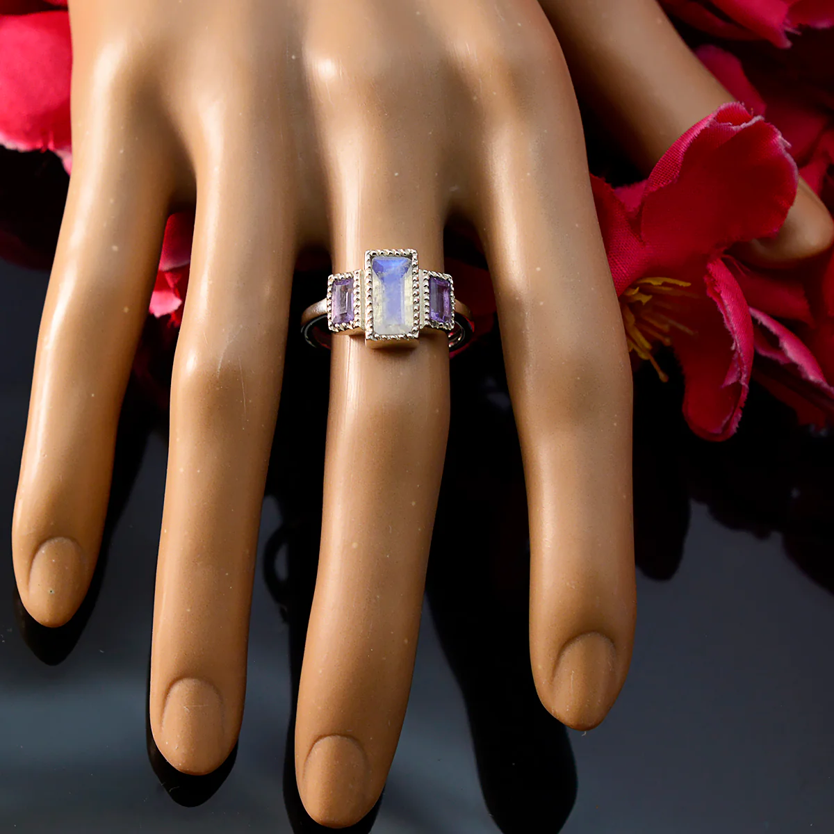 Multi Stone Trilogy Indian 925 Silver multicolor Gemstones Featherlight Sophisticated Ring Jewelry - Image 5