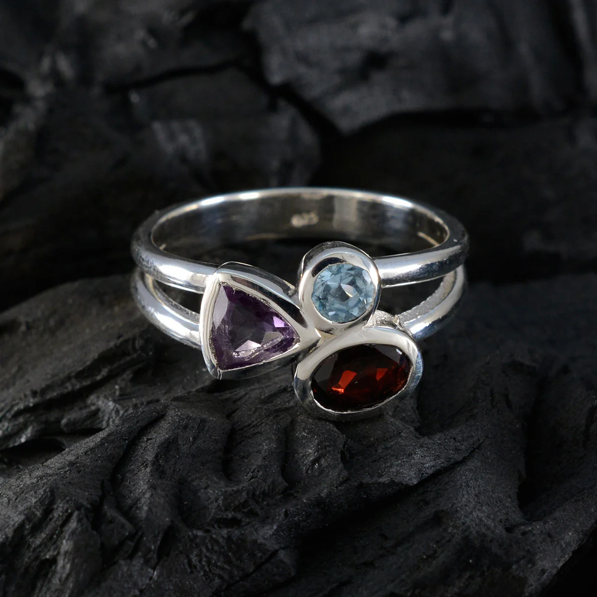 Multi Stone Trilogy Indian 925 Sterling Silver multicolor Gemstone Minimal Romantic Ring Jewellery - Image 4