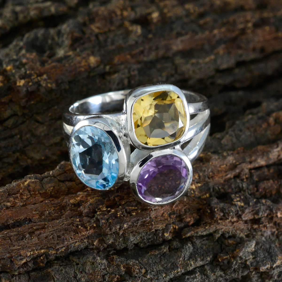 Multi Stone Trilogy Indian Silver multicolor Gemstone Eye-catching Cocktail Ring Jewelry - Image 3