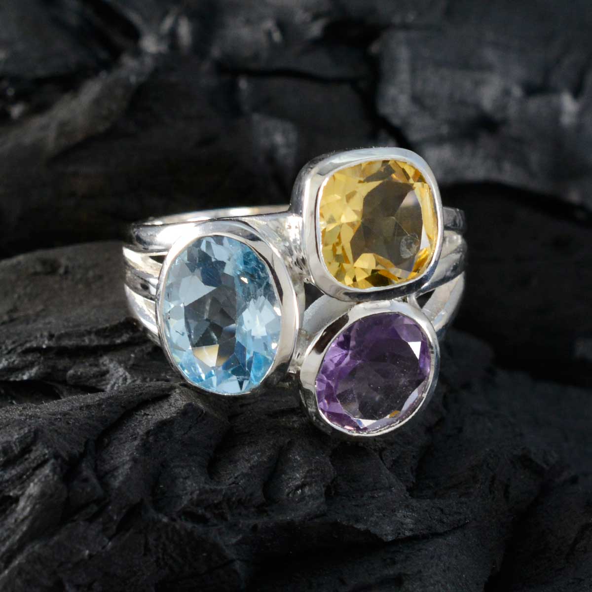 Multi Stone Trilogy Indian Silver multicolor Gemstone Eye-catching Cocktail Ring Jewelry - Image 4