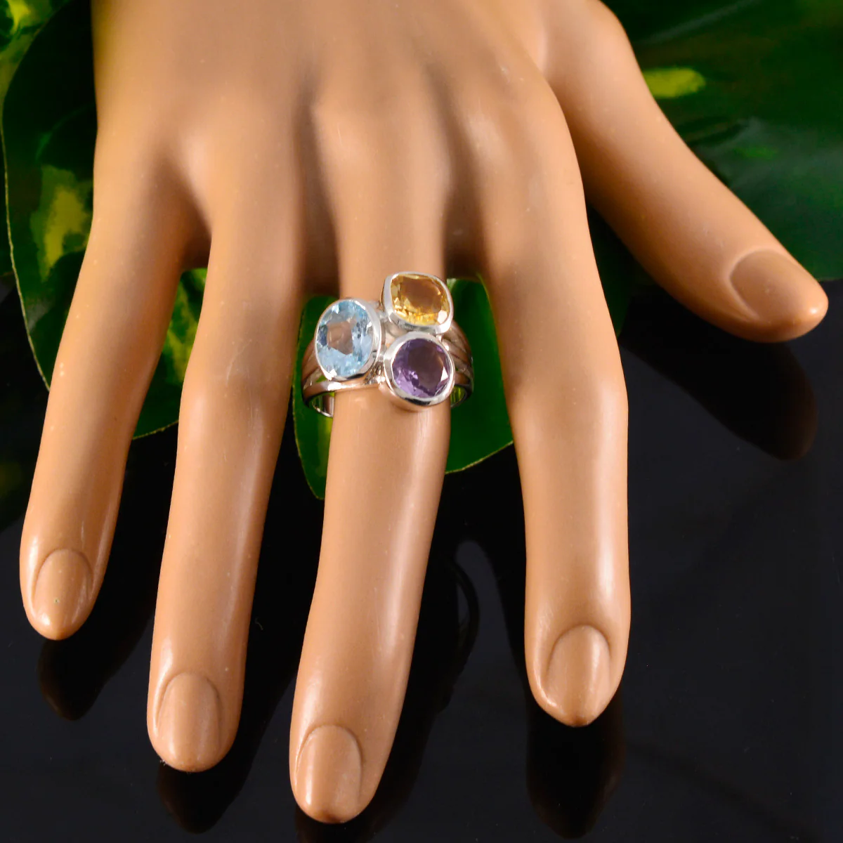Multi Stone Trilogy Indian Silver multicolor Gemstone Eye-catching Cocktail Ring Jewelry - Image 5