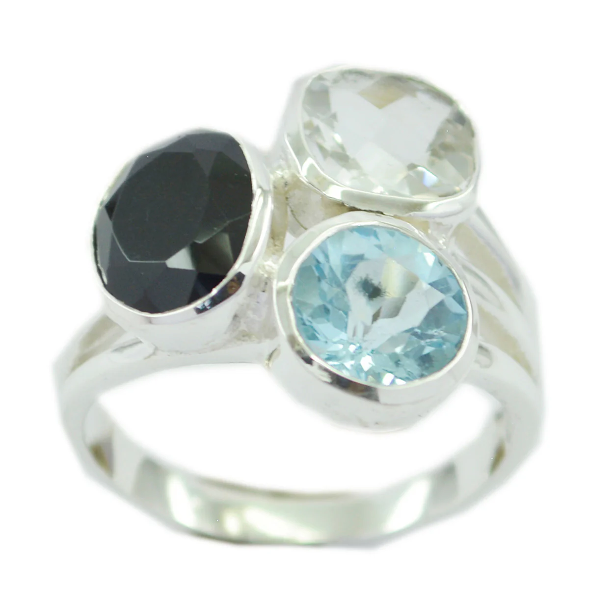 Multi Stone Trilogy Indian Silver multicolor Gemstone Mid-weight Cocktail Ring Jewellery