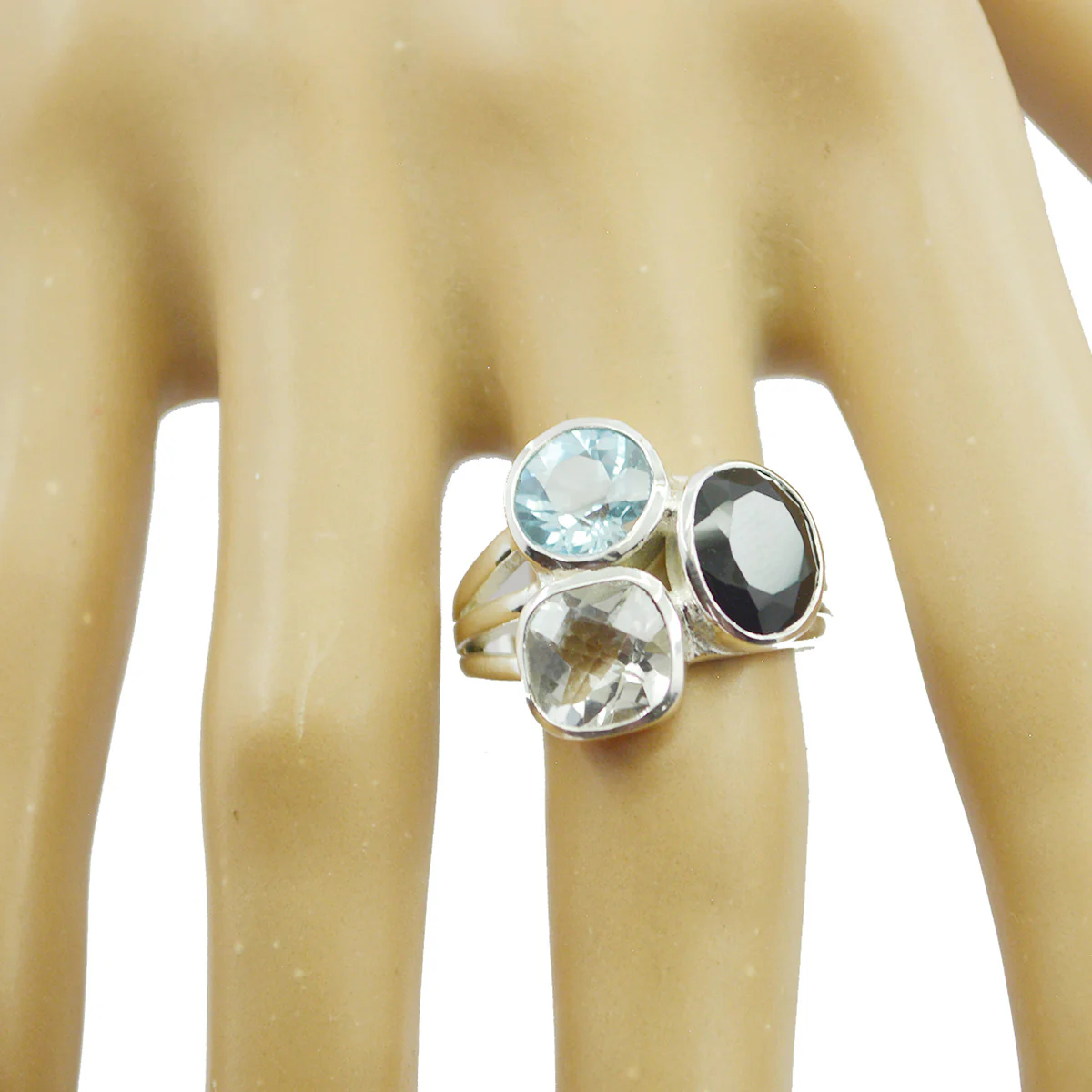 Multi Stone Trilogy Indian Silver multicolor Gemstone Mid-weight Cocktail Ring Jewellery - Image 2