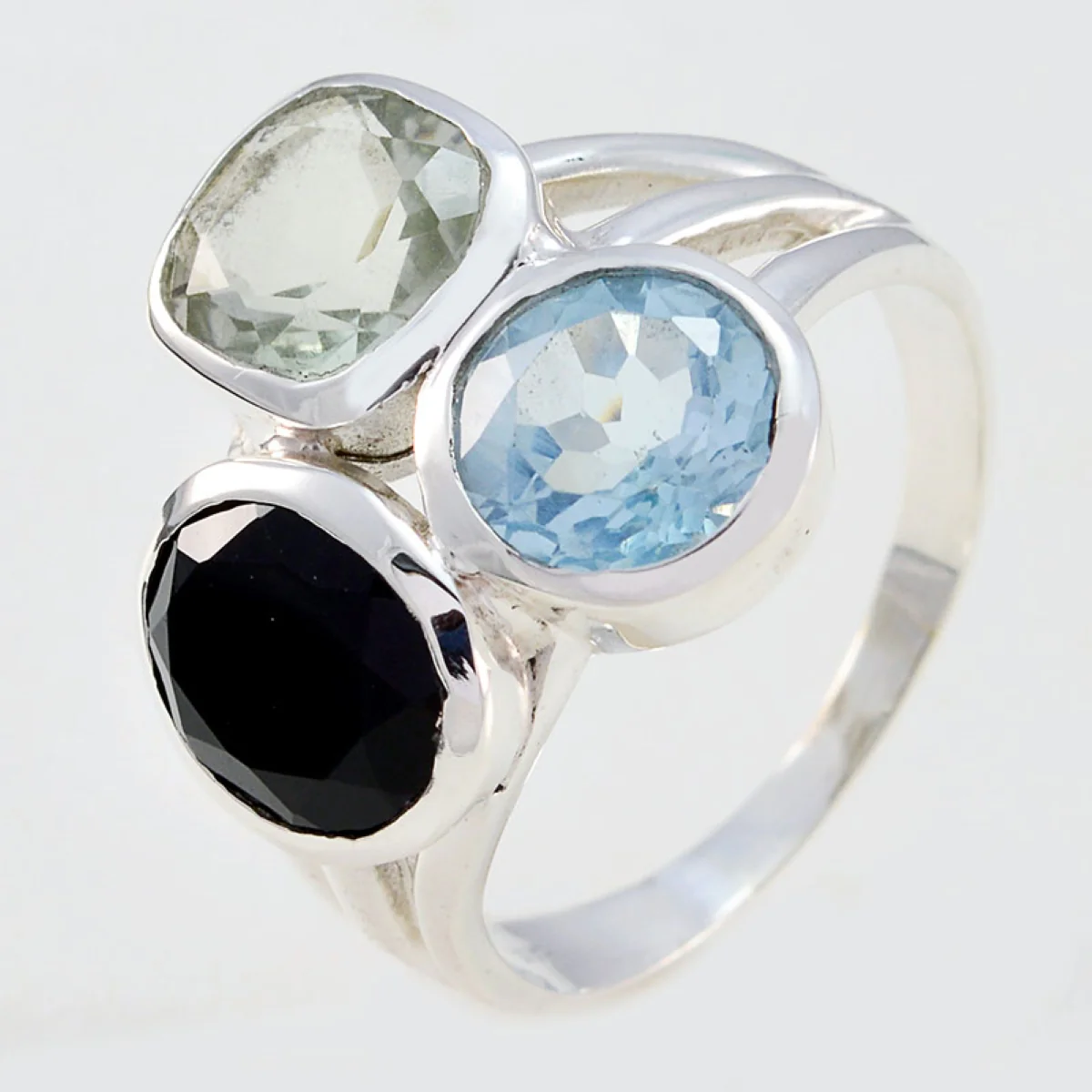 Multi Stone Trilogy Indian Silver multicolor Gemstone Mid-weight Cocktail Ring Jewellery - Image 3