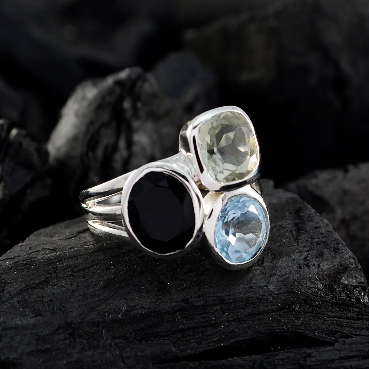 Multi Stone Trilogy Indian Silver multicolor Gemstone Mid-weight Cocktail Ring Jewellery - Image 5