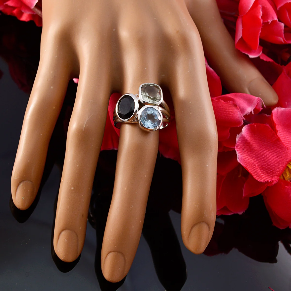 Multi Stone Trilogy Indian Silver multicolor Gemstone Mid-weight Cocktail Ring Jewellery - Image 6