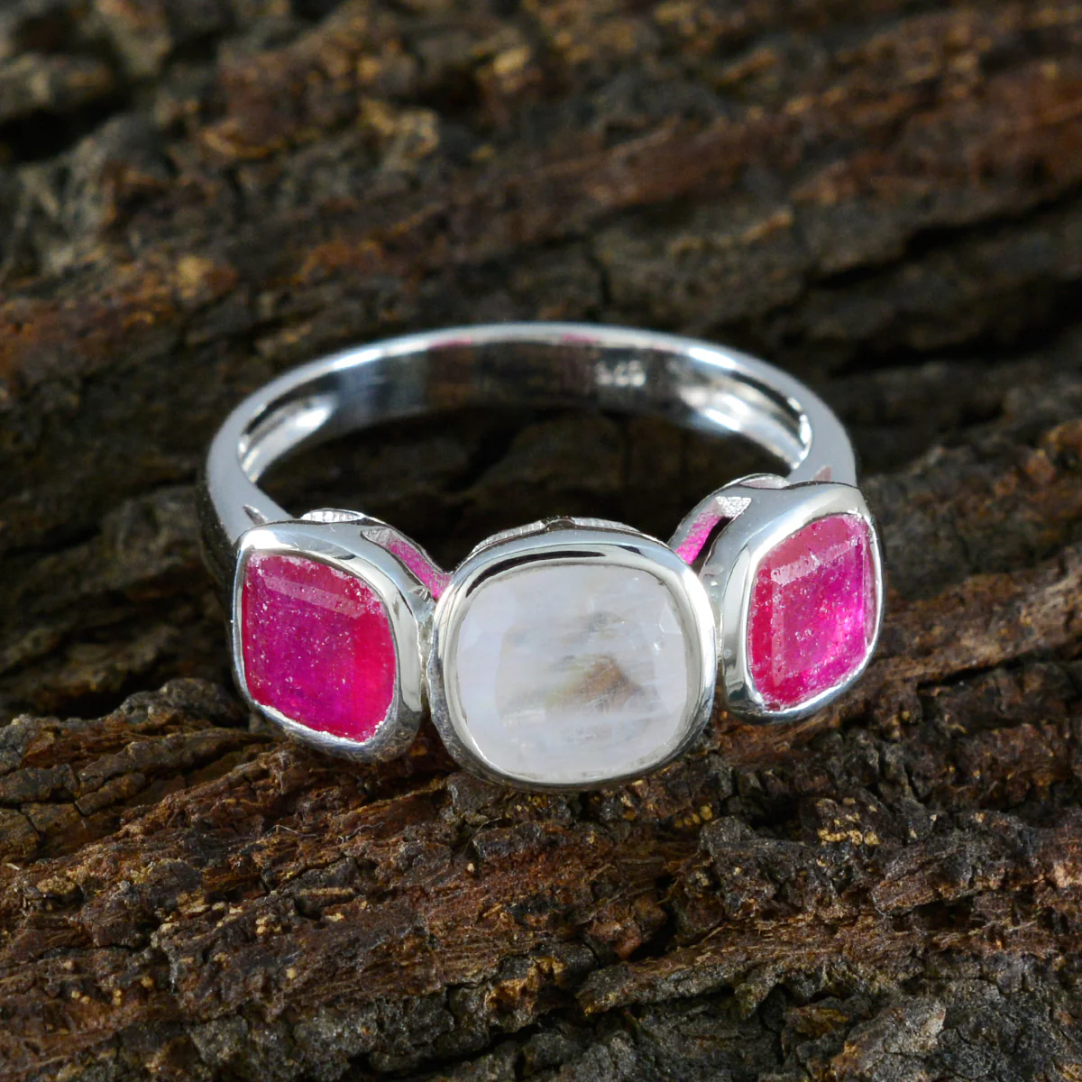 Multi Stone Trilogy Indian Silver multicolor Gemstone Slim Contemporary Ring Jewelry - Image 3