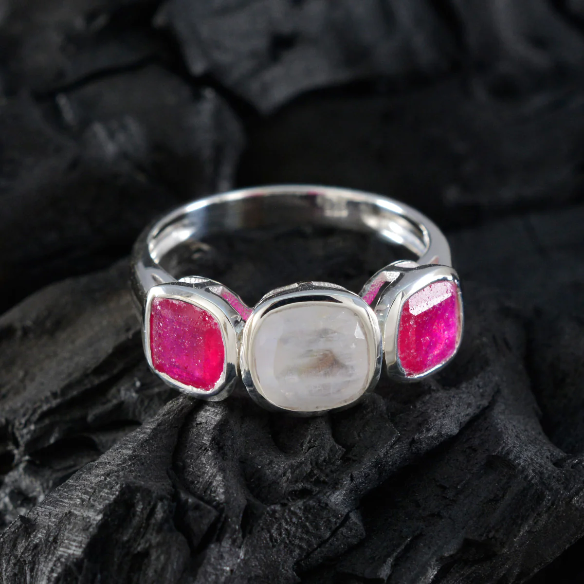 Multi Stone Trilogy Indian Silver multicolor Gemstone Slim Contemporary Ring Jewelry - Image 4
