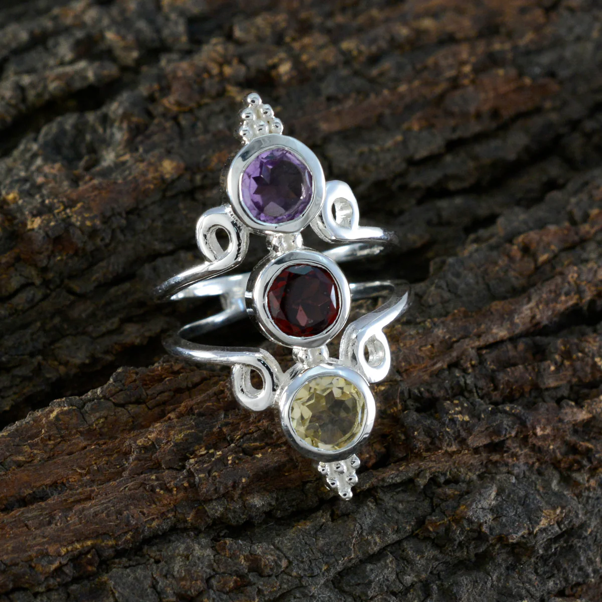 Multi Stone Trilogy Indian Sterling Silver multicolor Gemstones Classic Sophisticated Ring Jewelry - Image 3