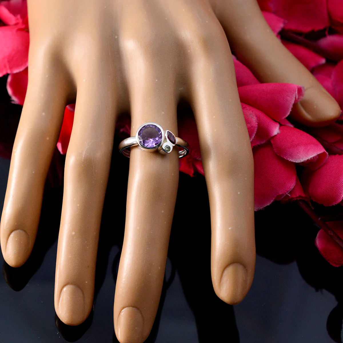 Multi Stone Trilogy Japanese Silver multicolor Gemstone Whisper-thin Contemporary Ring Jewellery - Image 5