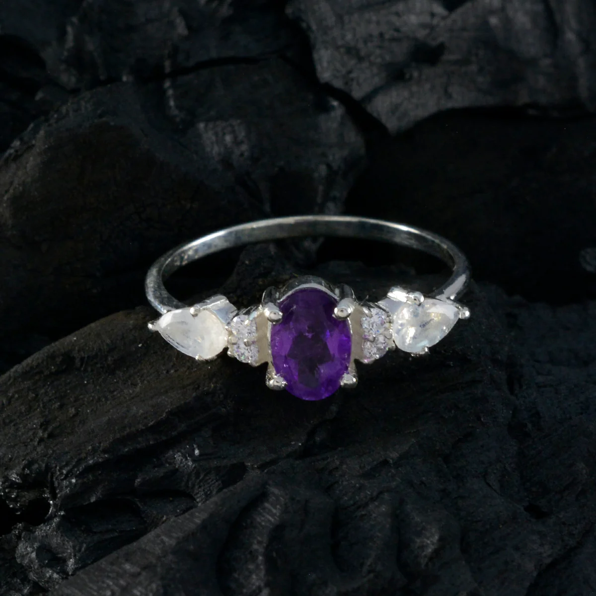 Multi Stone Trilogy Japanese Sterling Silver multicolor Gemstones Delicate Feminine Ring Jewelry - Image 4