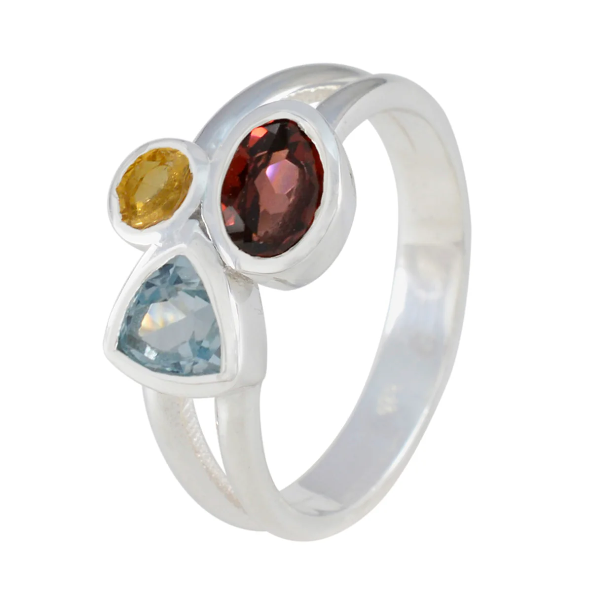Multi Stone Trilogy Moroccan Silver multicolor Gems Minimal Trendy Ring Jewellery - Image 2