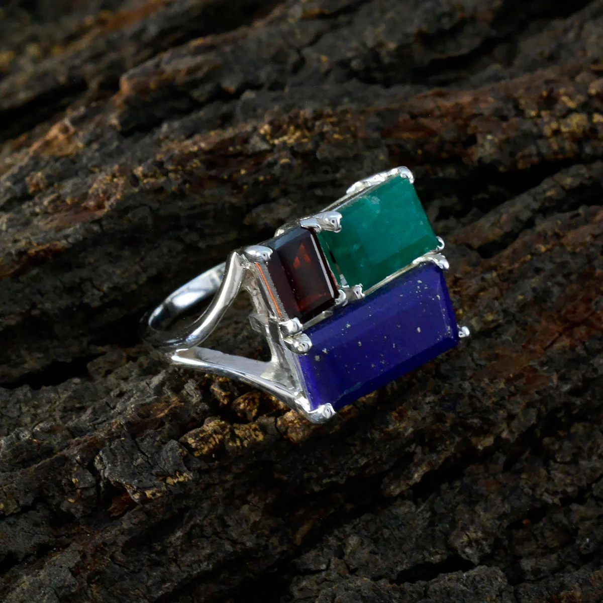 Multi Stone Trilogy Moroccan Silver multicolor Gemstone Classic Trendy Ring Jewellery - Image 3