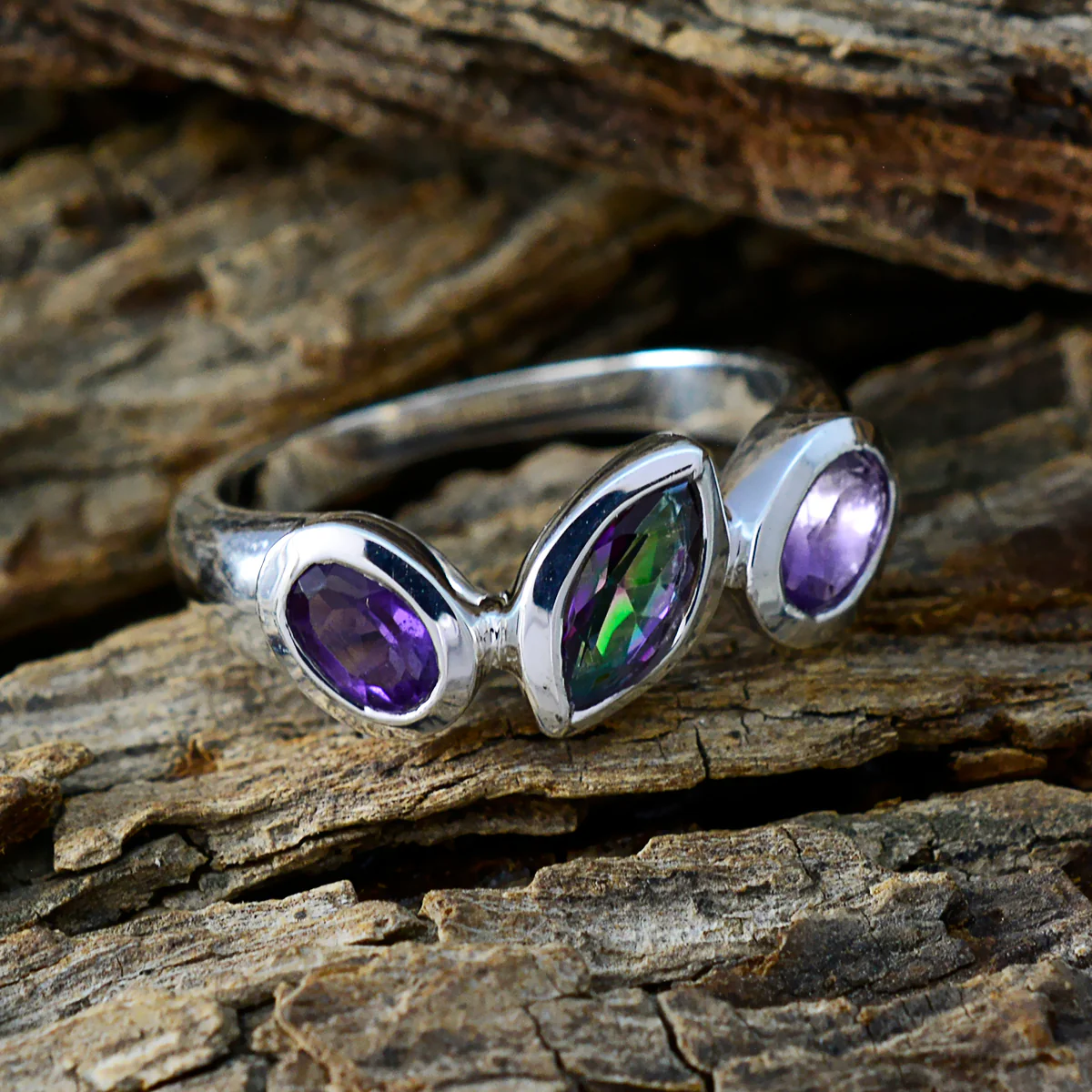 Multi Stone Trilogy Moroccan Sterling Silver multicolor Gemstones Minimal Artisan Ring Jewellery - Image 3