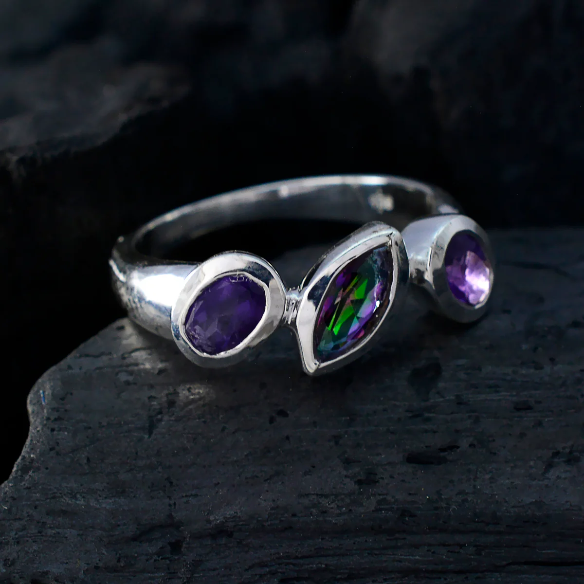 Multi Stone Trilogy Moroccan Sterling Silver multicolor Gemstones Minimal Artisan Ring Jewellery - Image 4